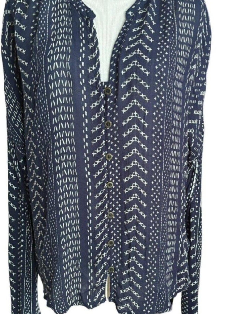 Lucky Brand Navy and White Button-Front Patterned Top